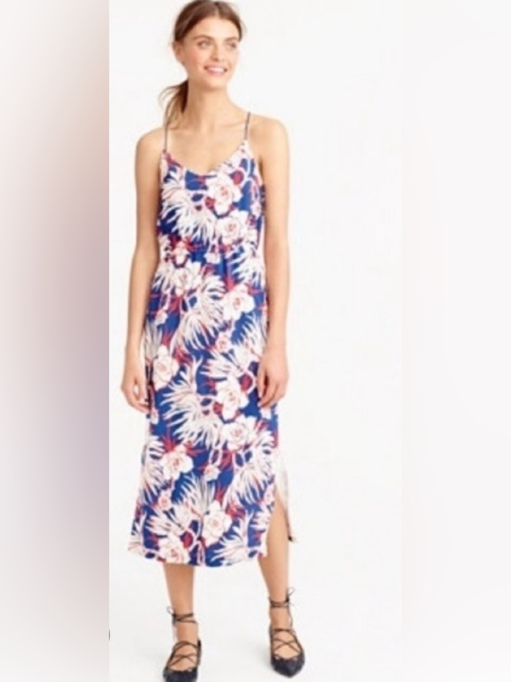 Floral Silk Slip Midi Dress in Blue and White